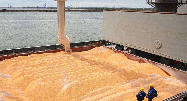 Grain is loaded on to a ship at a port in Ukraine.Getty Images