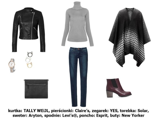 Kurtka TALLY WEiJL: 239,90 pln Pierścionki Claire’s: 35,90 pln (zestaw) Zegarek YES: 1 490,00 pln Torebka Solar: 189,00 pln Sweter Aryton: 249,00 pln Spodnie Levi’s®: 429,00 pln Poncho Esprit: 399,00 pln Buty New Yorker: 119,00 pln
