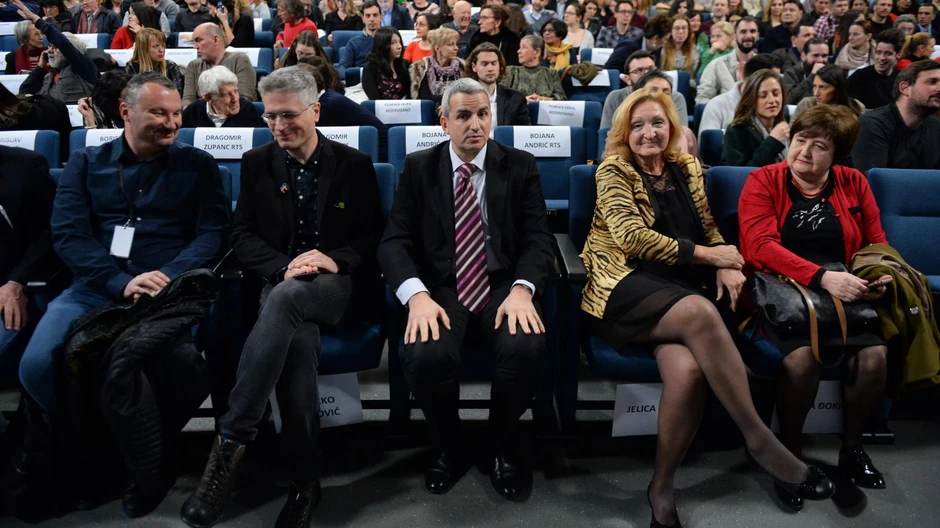 Boban Jevtić, direktor Filmskog centra Srbije, Marko Popović, umetnički direktor Martovskog festivala, Andreja Mladenović, zamenik gradonačelnika Beograda i Jelica Đokić, dobitnica nagrade za životno delo