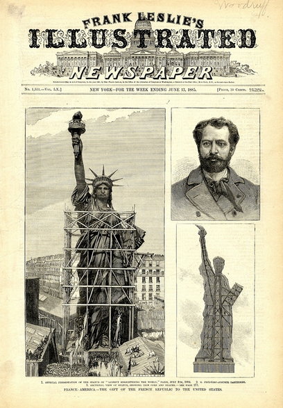 Gazeta z czerwca 1885 r., przedstawiająca sylwetkę ukończonego w Paryżu posągu, rzeźbiarza Bartholdiego oraz konstrukcję wnętrza statuy