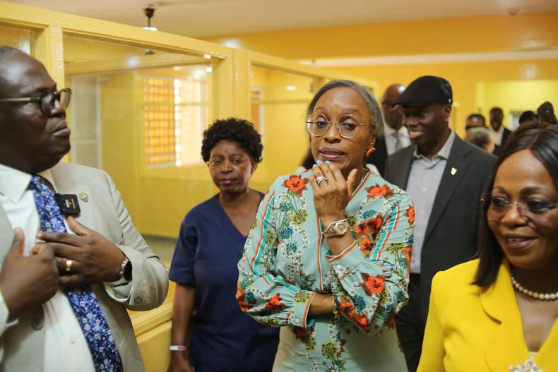 L-R: Head of Department Guinness Eye Clinic, Dr Aribaba; XXX, Board Chair Guinness Nigeria PLC, Dr Omobola Johnson; Corporate Relations Director Guinness Nigeria PLC, Mr. Rotimi Odusola; Consultant LUTH, Prof Adeola Onakoya, examining the remodelled centers at the Guinness Eye Clinic.