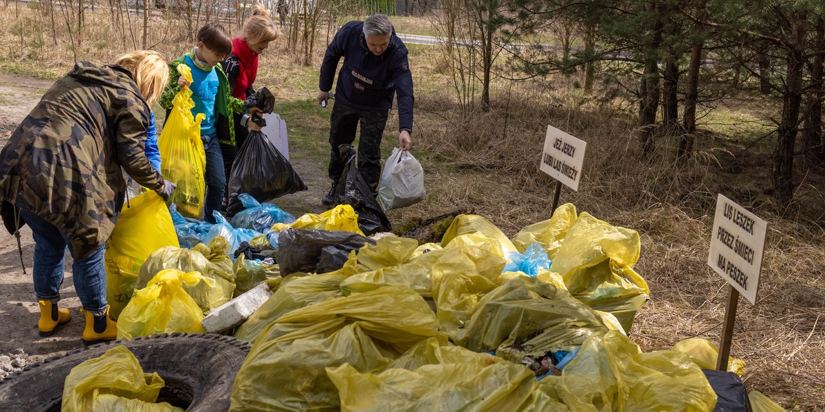 Sprzątanie lasu w Dąbrowie Górniczej Antoniowie przez mieszkańców i Młodzieżową Radę Miasta. 