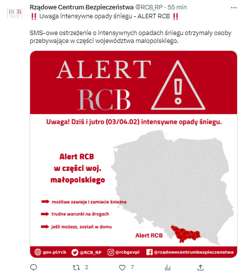 Alert RCB ogłoszony przez Rządowe Centrum Bezpieczeństwa na Twitterze