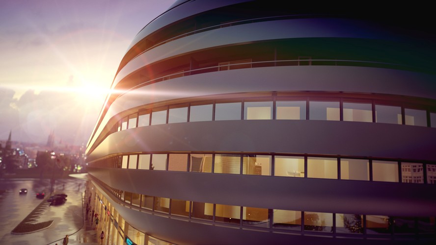 Wykorzystanie corianu umożliwia wykonanie elewacji w dwu- lub trójwymiarowych sekcjach, pozwala na dowolne ukształtowanie sekcji narożników i elementów nadproży. Producent corianu daje 20-letnią gwarancję na nieodkształcanie się i nierozwarstwienie tego nowatorskiego w budownictwie materiału.<br>OVO Wrocław - wizualizacja elewacji