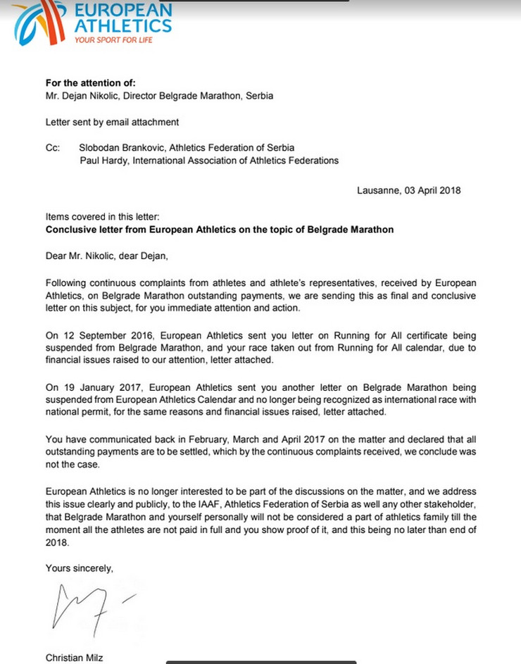 Pismo Evropske atletske federacije kojim se potvrđuje da je Beogradskom maratonu oduzet sertifikat
