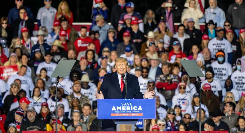 Former President Donald Trump speaks during a Save America rally at the Montgomery County Fairgrounds in Conroe, Texas, on January 29, 2022.