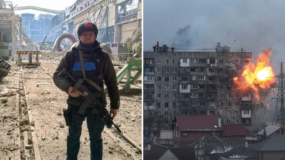 Po lewej: Boris Kolesnikow podczas walk o Azowstal / archiwum rozmówcy / Zaborona, po prawej: zniszczenia w Mariupolu