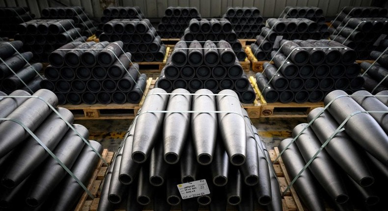 Shells used in Ukraine at the workshop of the Forges de Tarbes in Tarbes, southwestern France.LIONEL BONAVENTURE via Getty Images