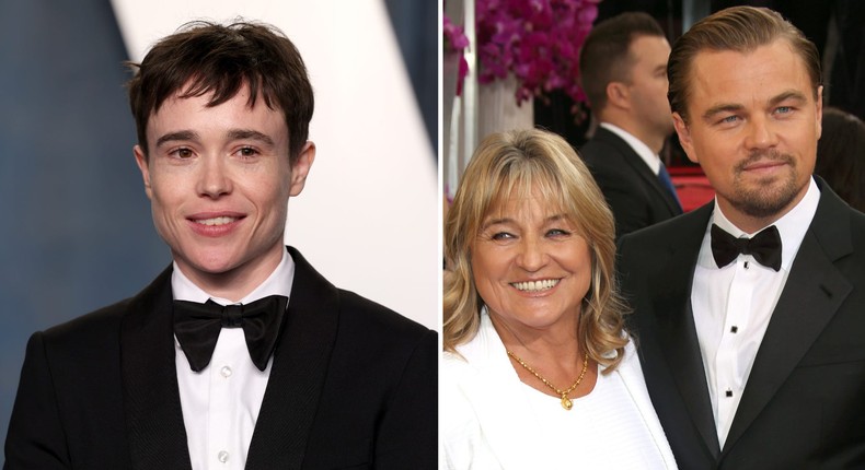 Elliot Page at the 2022 Vanity Fair Oscar Party; Leonardo DiCaprio and mother Irmelin Indenbirken at the 2014 Annual Golden Globe Awards.John Shearer/Getty Images, Hubert Boesl/picture alliance via Getty Images