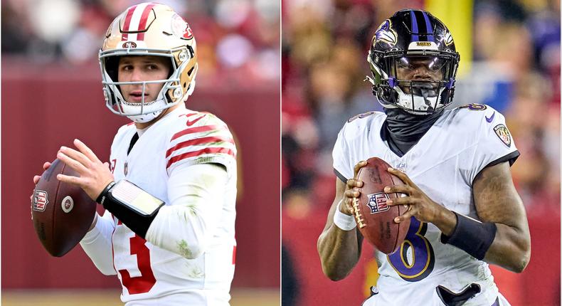 Brock Purdy (left) and Lamar Jackson.Robin Alam/ISI Photos/Getty Images; G Fiume/Getty Images