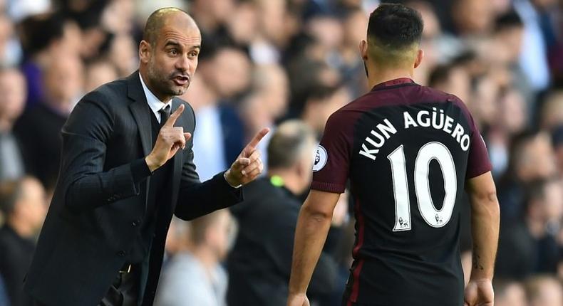 Manchester City's manager Pep Guardiola (L) has expressed confidence in his striker Sergio Aguero (R) after the player had a disappointing week on international duty for Argentina
