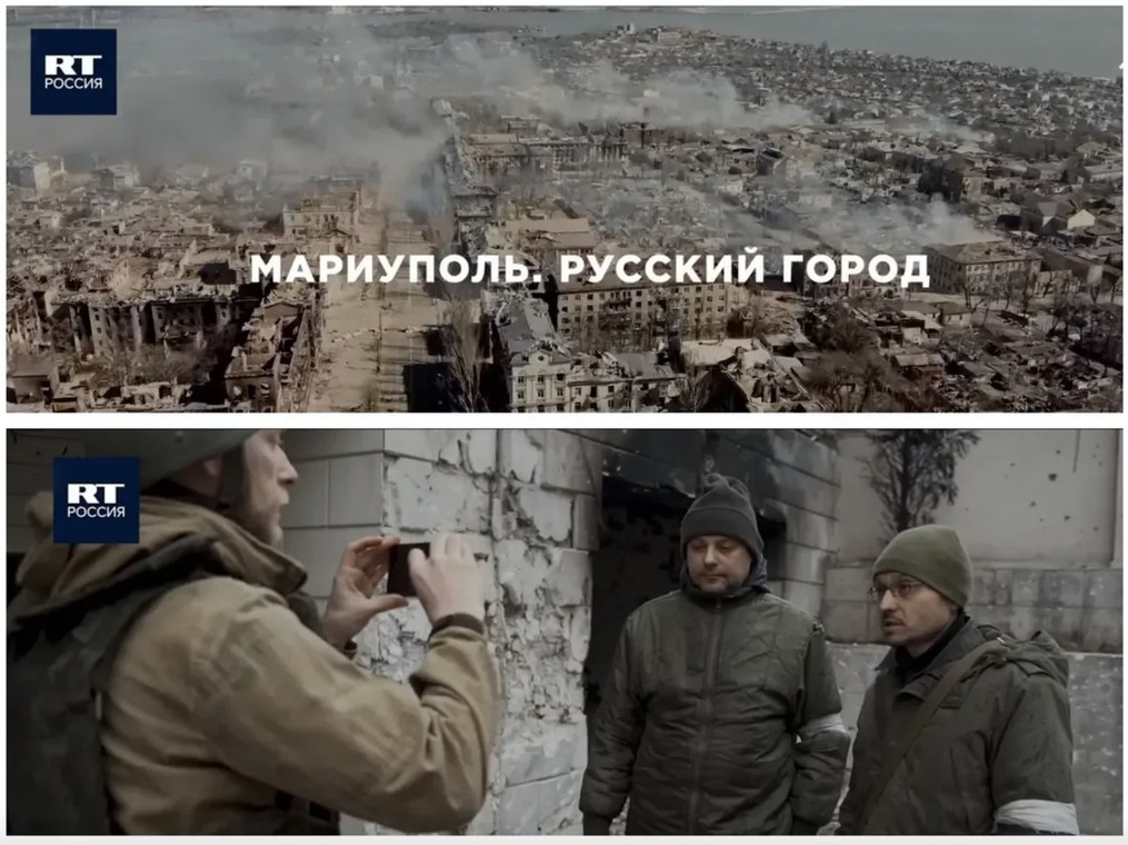 Na górze: początek filmu kremlowskiej telewizji RT z tytułem: "Mariupol. Rosyjskie miasto". Na dole kadr z filmu: Czuprina przeprowadza wywiad z muzykami z Dywizji Kultury