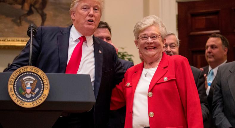 President Donald Trump greets newly-appointed Alabama Gov. Kay Ivey before signing the Education Federalism Executive Order in the Roosevelt Room of the White House on April 26, 2017.AP Photo/Andrew Harnik, File