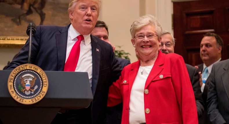 President Donald Trump greets newly-appointed Alabama Gov. Kay Ivey before signing the Education Federalism Executive Order in the Roosevelt Room of the White House on April 26, 2017.AP Photo/Andrew Harnik, File