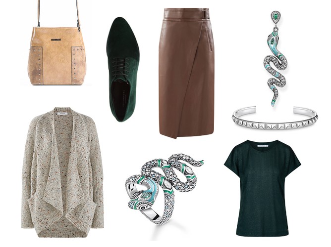 STYLIZACJE na jesien 2018: nature lover. Spódnica: Promod 169,90 zł  Buty: Vagabond 419 zł  Sweter: Promod  Bluzka: Quiosque 139,90 zł  Torebka: Monnari 219,00 zł  Biżuteria Thomas Sabo: kolczyki wąż 819 zł, pierścionek wąż  1229 zł, bransoletka 909 zł