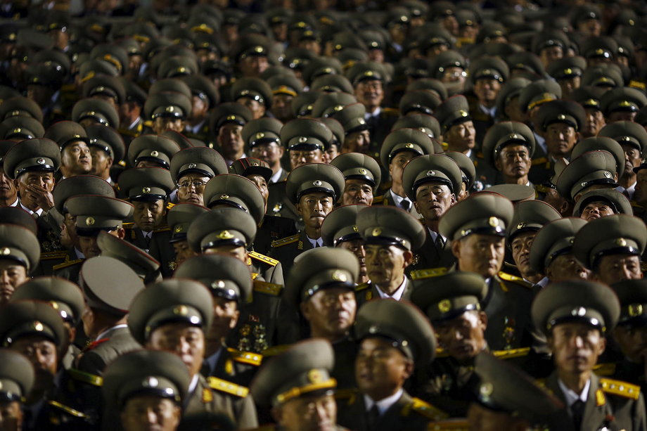 Senior North Korean military officers follow the performance celebrating the 70th anniversary of the founding of the ruling Workers' Party of Korea.