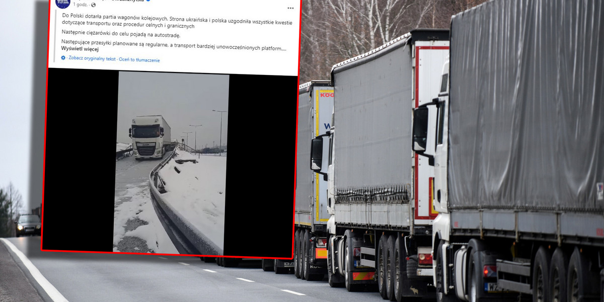 Przedstawiciele kolei ukraińskich poinformowali w mediach społecznościowych o pierwszym transporcie tirów, który dotarł do Polski