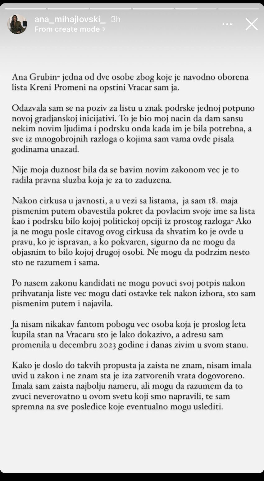 Ana Mihajlovska objasnila zbog čega je dala pa povukla potpis za listu pokreta "Kreni promeni" na Vračaru