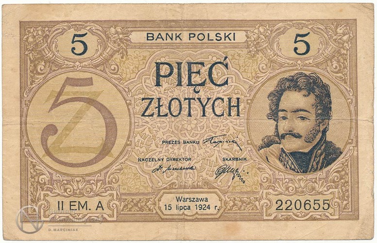 Banknot o nominale 5 złotych z wizerunkiem księcia Józefa Poniatowskiego.