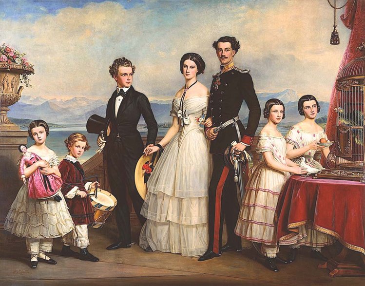 Na obrazie wykonanym w 1854 r. uwieczniono rodzeństwo Elżbiety. Od lewej: Zofia, Maksymilian Emanuel, Karol Teodor, Helena, Ludwik Wilhelm, Matylda i Maria (domena publiczna).