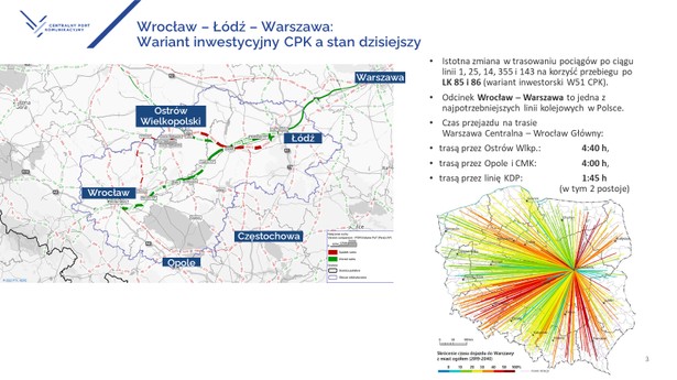 Wariant inwestorski dla linii kolejowej między Wrocławiem a Łodzią, źródło: Twitter CPK