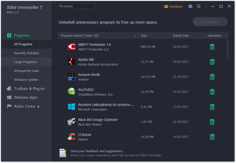 Główne okno programu do odinstalowywania oprogramowania w Microsoft Windows - IObit Uninstaller 7