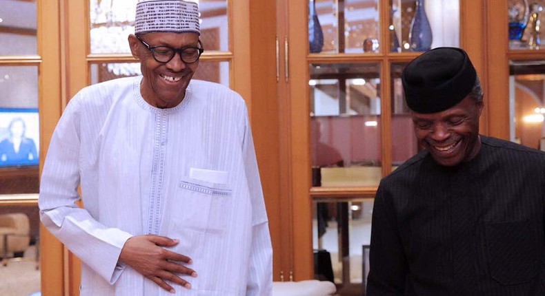 President Buhari and his Vice, Prof. Yemi Osinbajo share a joke before one of his medical trips (Presidency)