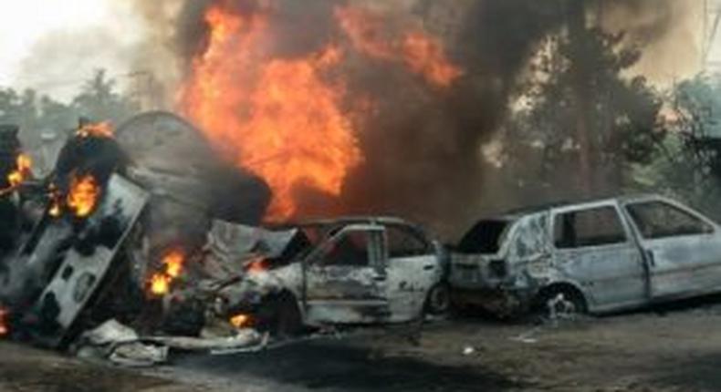 Scene of petrol tanker explosion in Abeokuta on Tuesday. [NAN]