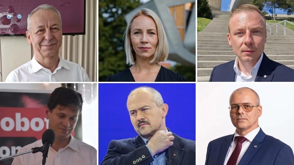 Šiesti kandidáti na primátora Banskej Bystrice. Horný rad zľava: Ján Nosko, Diana Javorčíková a Matúš Molitoris. Dolný rad zľava: Tomáš Sobota, Marian Kotleba a Ondrej Vereš.