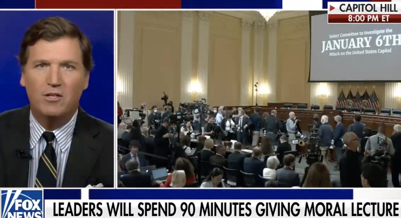 Fox News host Tucker Carlson criticised the January 6 committee hearings on the June 9, 2022, edition of is show.