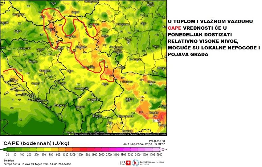 U ponedeljak su moguće lokalne nepogode i grad