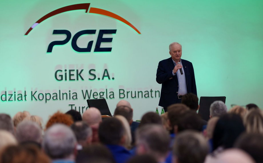 Dariusz Marzec, prezes PGE, na spotkaniu z pracownikami kopalni i elektrowni Turów. 25 marca 2024 r.