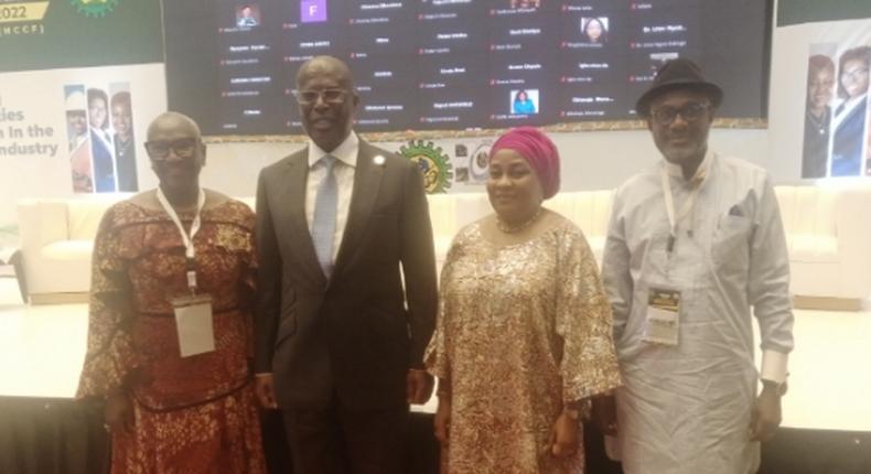 (L-R) Mrs Alero Onosode, Chairperson, Nigerian Content Consultative Forum Diversity Sectoral Working Group, Chief Timipre Sylva, Minister of State for Petroleum Resources, Sen. Margery Chuba-Okadigbo, Chairman, Board of Directors, Nigerian National Petroleum Company Ltd. and Mr Simbi Wabote, Executive Secretary, Nigerian Content Development and Monitoring Board at the 2022 Nigerian Women in Oil and Gas Conference in Lagos on Tuesday (NAN)