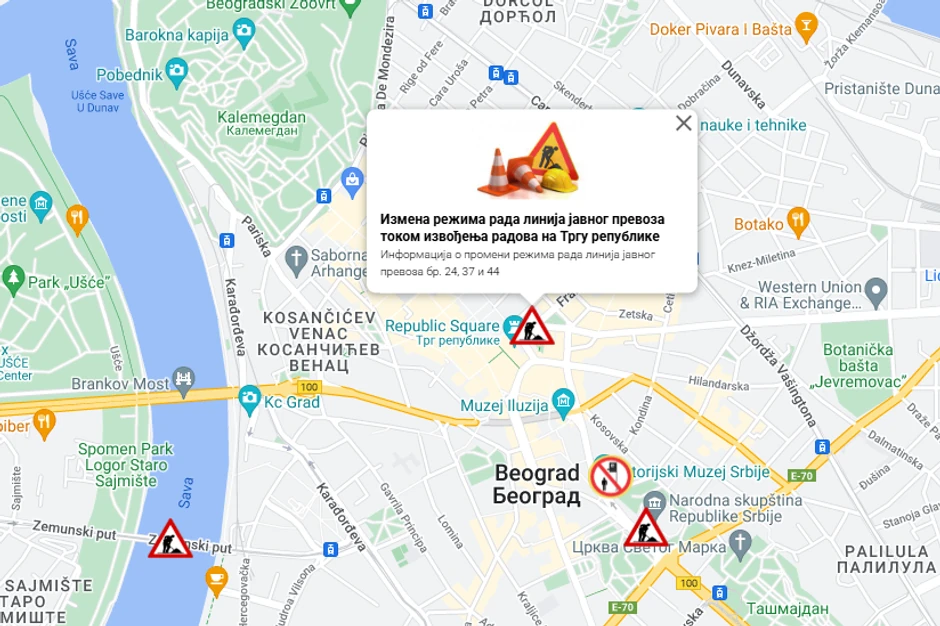 Izmena režima rada linija javnog prevoza zbog izvođenja radova na Trgu republike