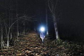 Bartek, mieszkaniec Białowieży, podczas nocnego spaceru po puszczy, 27 października 2021 r
