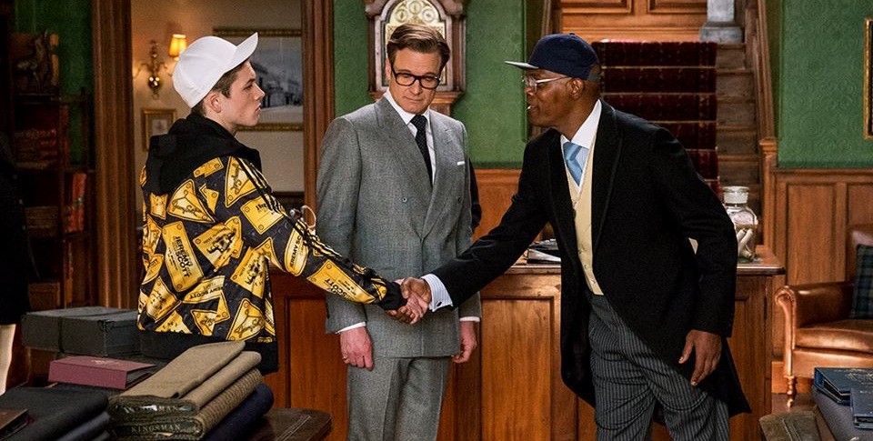 Colin Firth, Taron Egerton i Samuel L. Jackson w filmie 'Kingsman: Tajne służby'