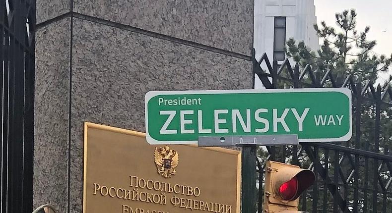 A President Zelensky Way sign placed in front of the Russian embassy in Washington, DC, on Sunday, March 6, 2022.