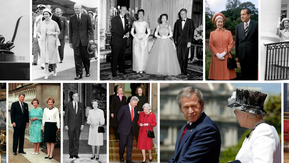 Elżbieta II i prezydenci USA. Od góry od lewej: Dwight D. Eisenhower, John F. Kennedy, Richard Nixon, Ronald Reagan, George H.W. Bush, Bill Clinton, George W. Bush