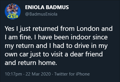 Eniola Badmus has come out to react after getting dragged for not isolating herself after her trip to the United Kingdom. [Twitter/EniolaBadmus]