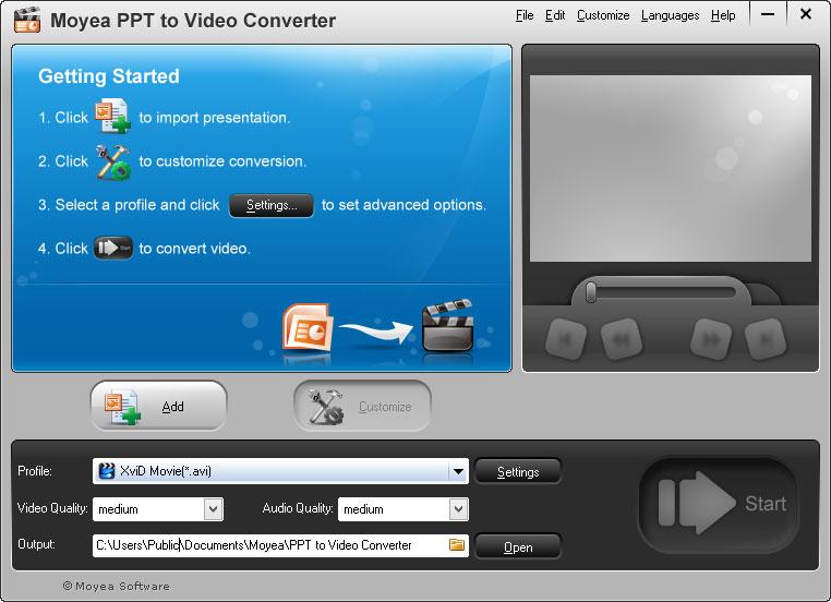 Główne okno programu do konwersji prezentacji multimedialnych do pliku wideo. - Moyea PPT to Video Converter
