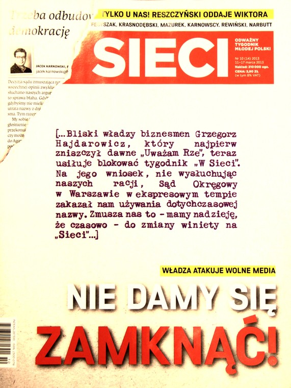 Okładka najnowszego numeru tygodnika "Sieci"