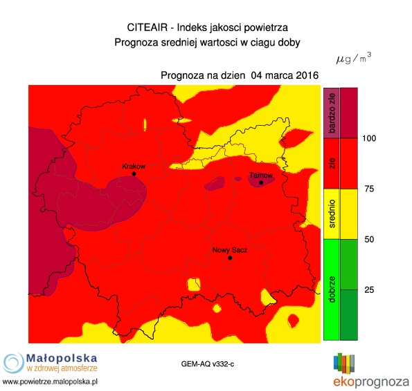 Mapka z poziomem zanieczyszczenia powietrza