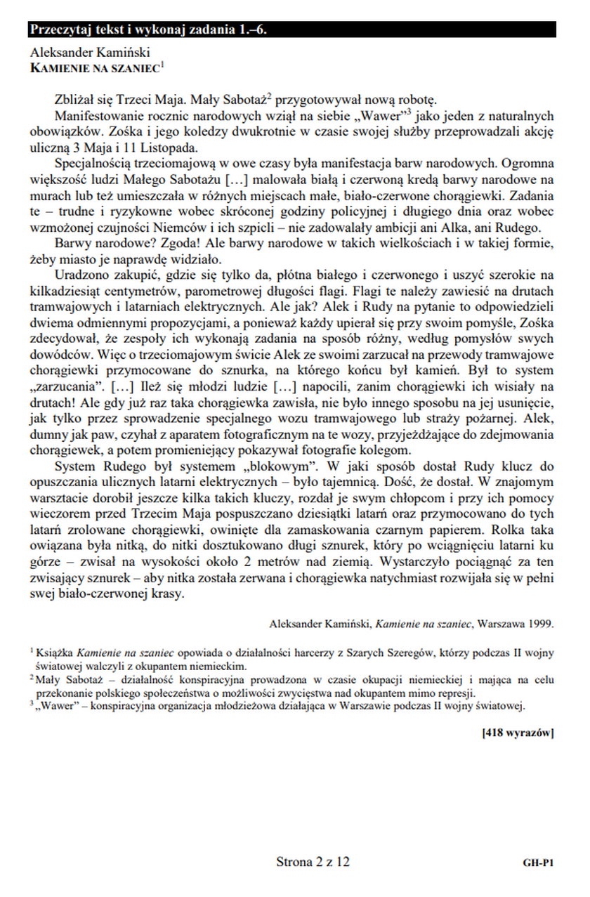 Kamienie Na Szaniec Arkusz Egzaminacyjny Egzamin gimnazjalny 2019 z języka polskiego. Arkusz odpowiedzi