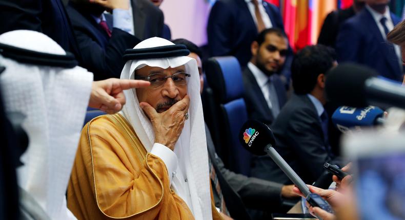 Saudi Arabia's Oil Minister Khalid Al-Falih listens to journalists at the beginning of an OPEC meeting in Vienna, Austria, July 1, 2019.