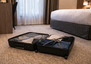 Kofer na podu hotelske sobe