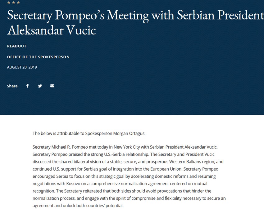 Saopštenje Stejt departmenta