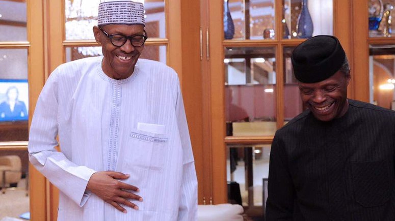 President Buhari and his Vice, Prof. Yemi Osinbajo share a joke before one of his medical trips (Presidency)