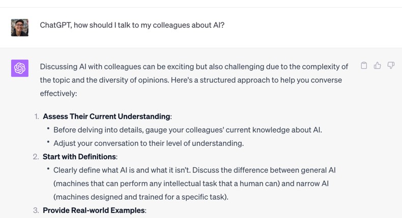 Screenshot of ChatGPT being prompted on how one should speak about AI to their colleaguesInsider/Kai Xiang Teo