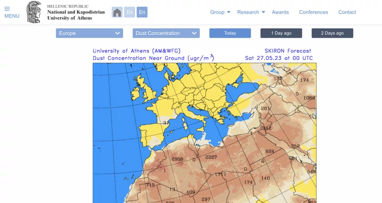 Prognoza SKIRON, mapa stężenia pyłu w powietrzu. 