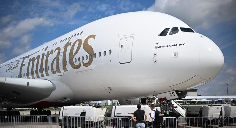 An Emirates Airbus A380 at the 2024 International Aerospace Exhibition.Sebastian Gollnow/picture alliance via Getty Images